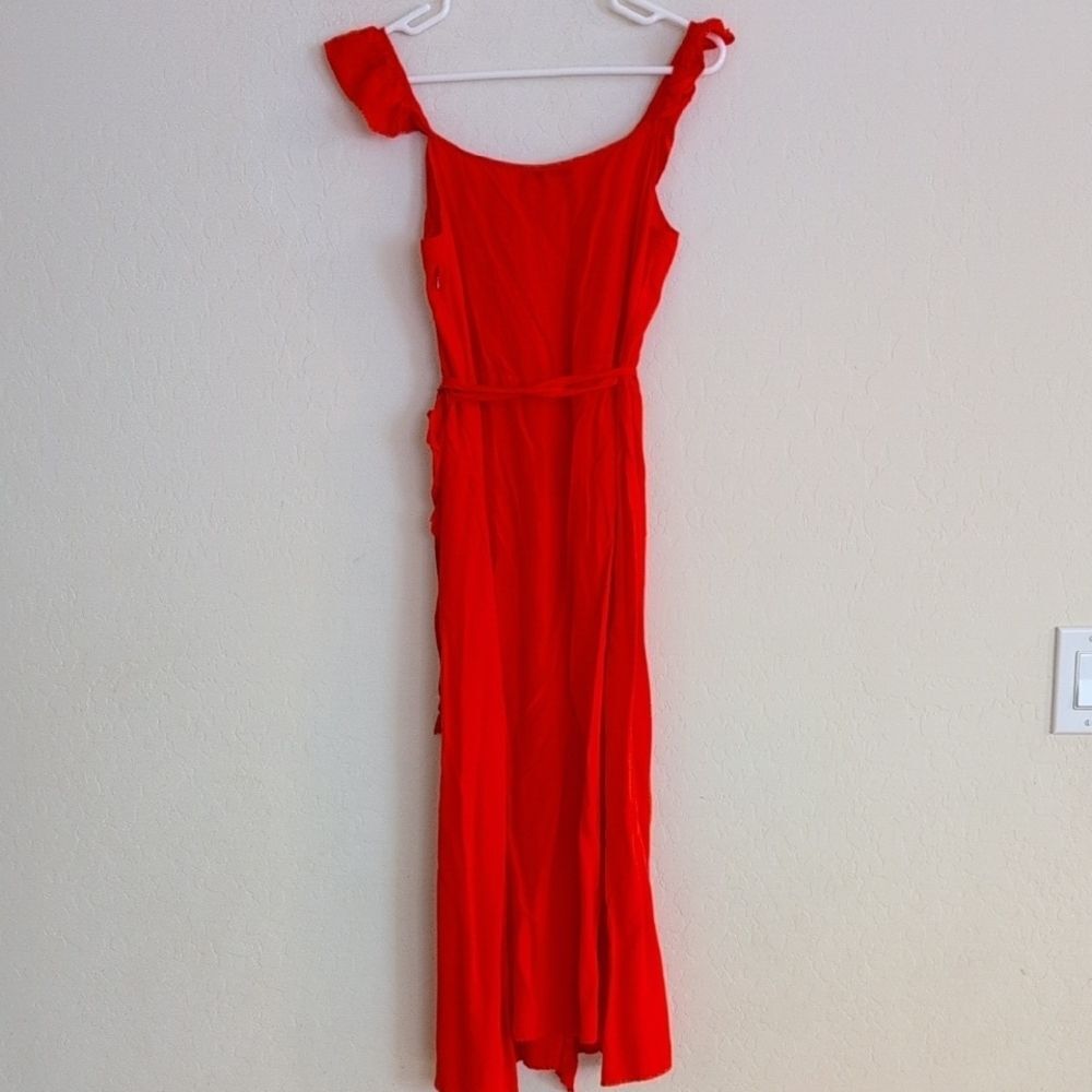 Madewell Ruffle Maxi Faux Wrap Coral Red Pink Orange Asymmetrical Dress - Size 4 - Picture 6 of 13
